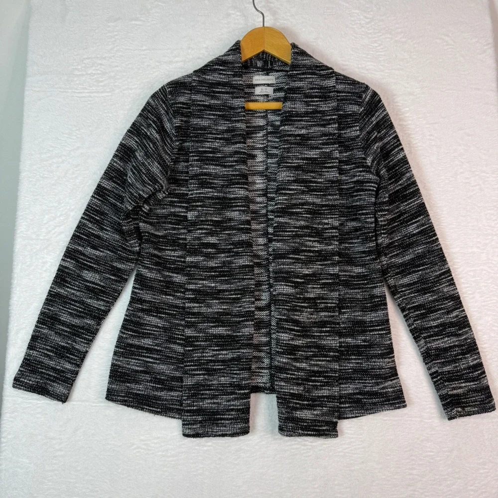 Van Heusen Womens Black‎ White Marled Knit Open Front Cardigan Sweater Size S/P
